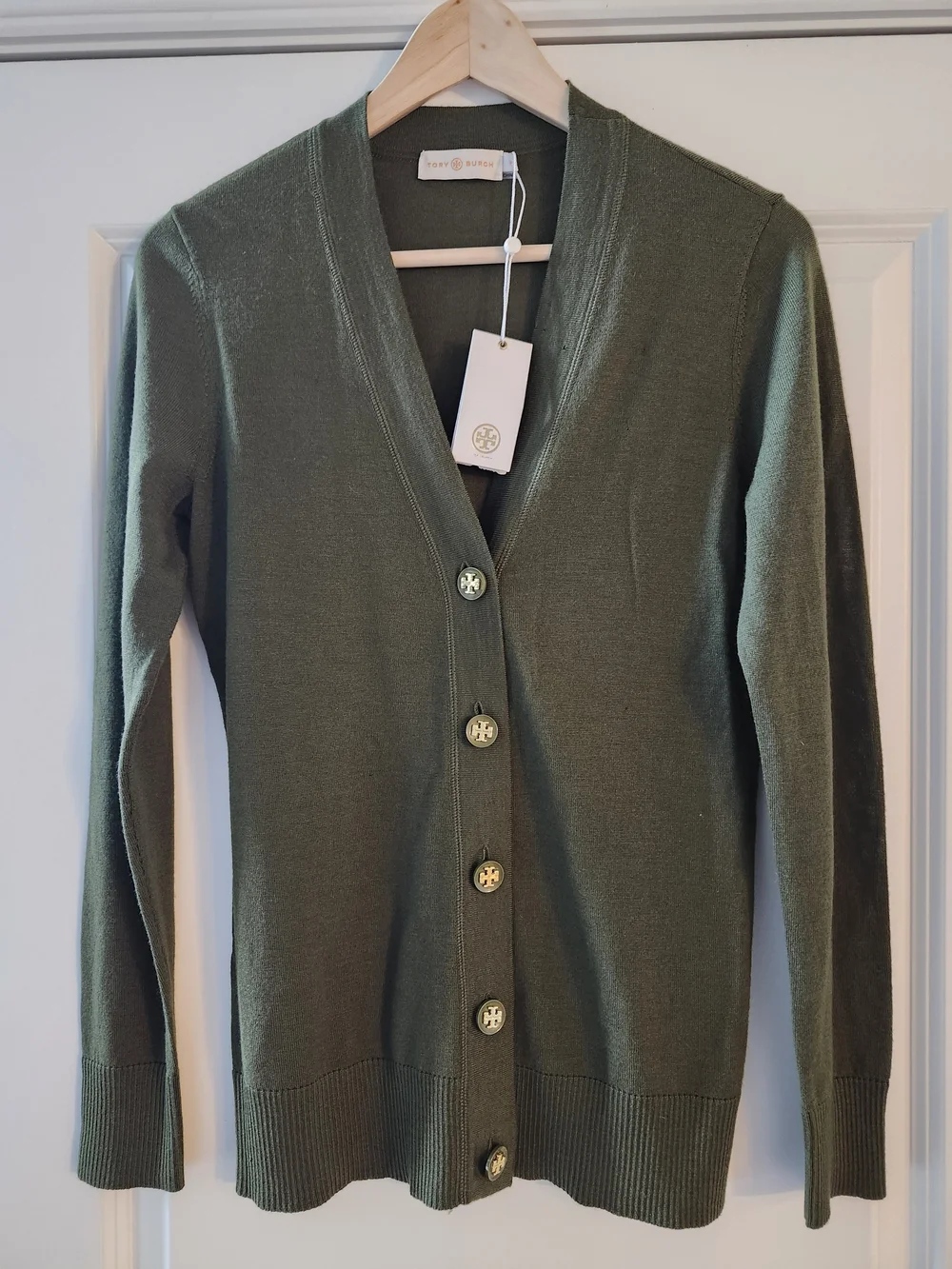NWT Tory Burch Simone Cardigan 100% Merino Wool Grove Green Logo Button Sweater